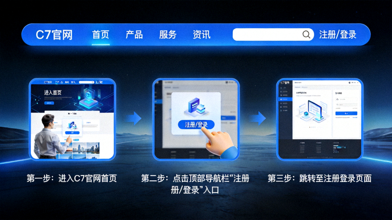 C7官方网站最新资讯配图 - 展示用户从C7官网首页顶部导航进入C7注册登录入口的完整流程示意画面，包含入口按钮位置标注