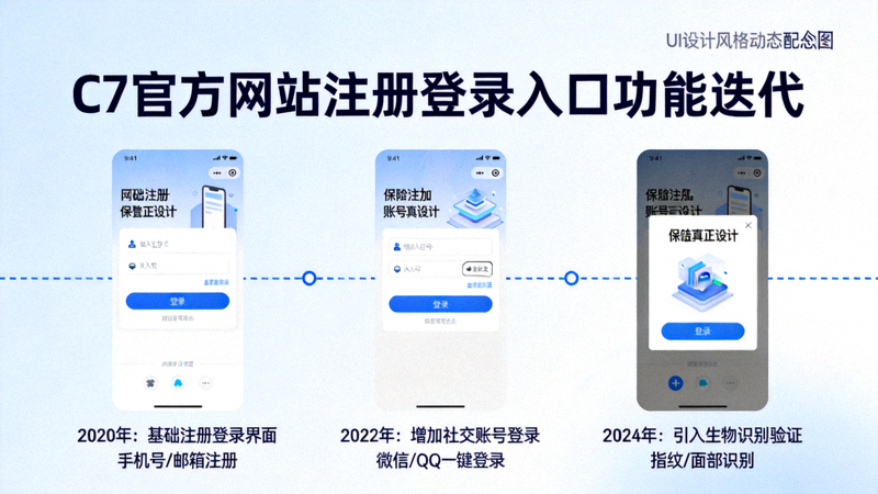 C7官方网站注册登录入口动态配图 - 以时间线形式展示入口功能迭代的界面截图
