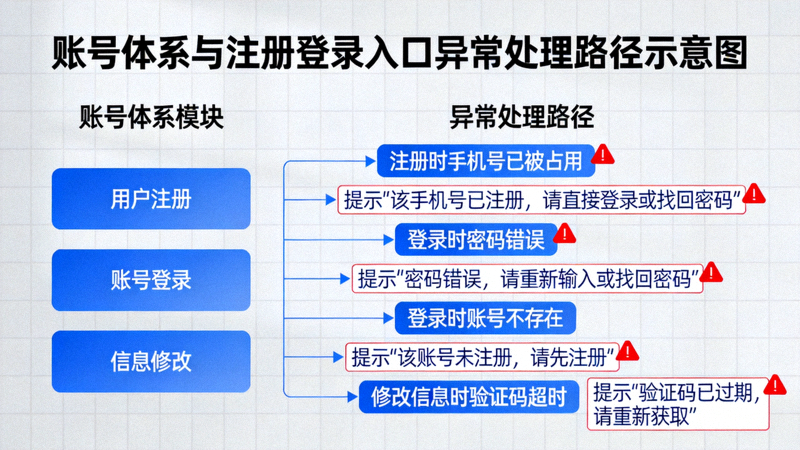 C7官网首页资讯配图 - 账号体系与注册登录入口异常处理路径示意图，展示从访问首页到问题排查的步骤分支