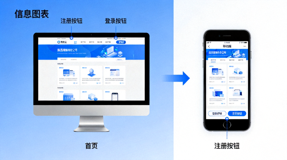 C7注册登录入口路径示意配图 - 桌面端与移动端首页入口位置对比的界面截图