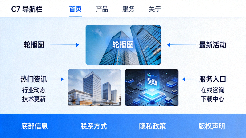 C7最新资讯配图 - 首次访问C7官方网站首页各功能区块标注说明图