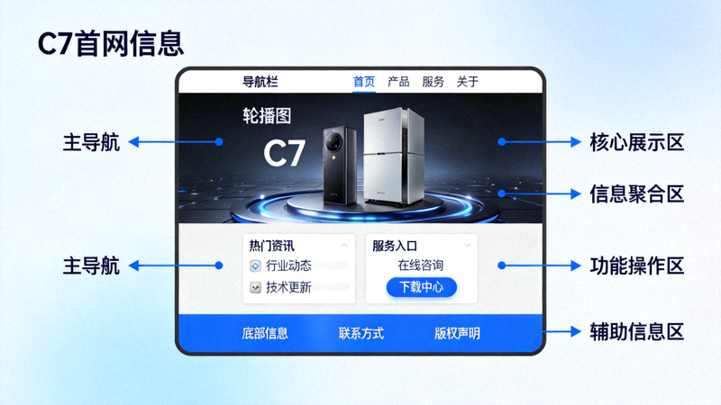 C7最新资讯配图 - 首次访问C7官方网站首页时各功能区块的标注说明图，包含注册登录入口与资讯栏目的位置提示